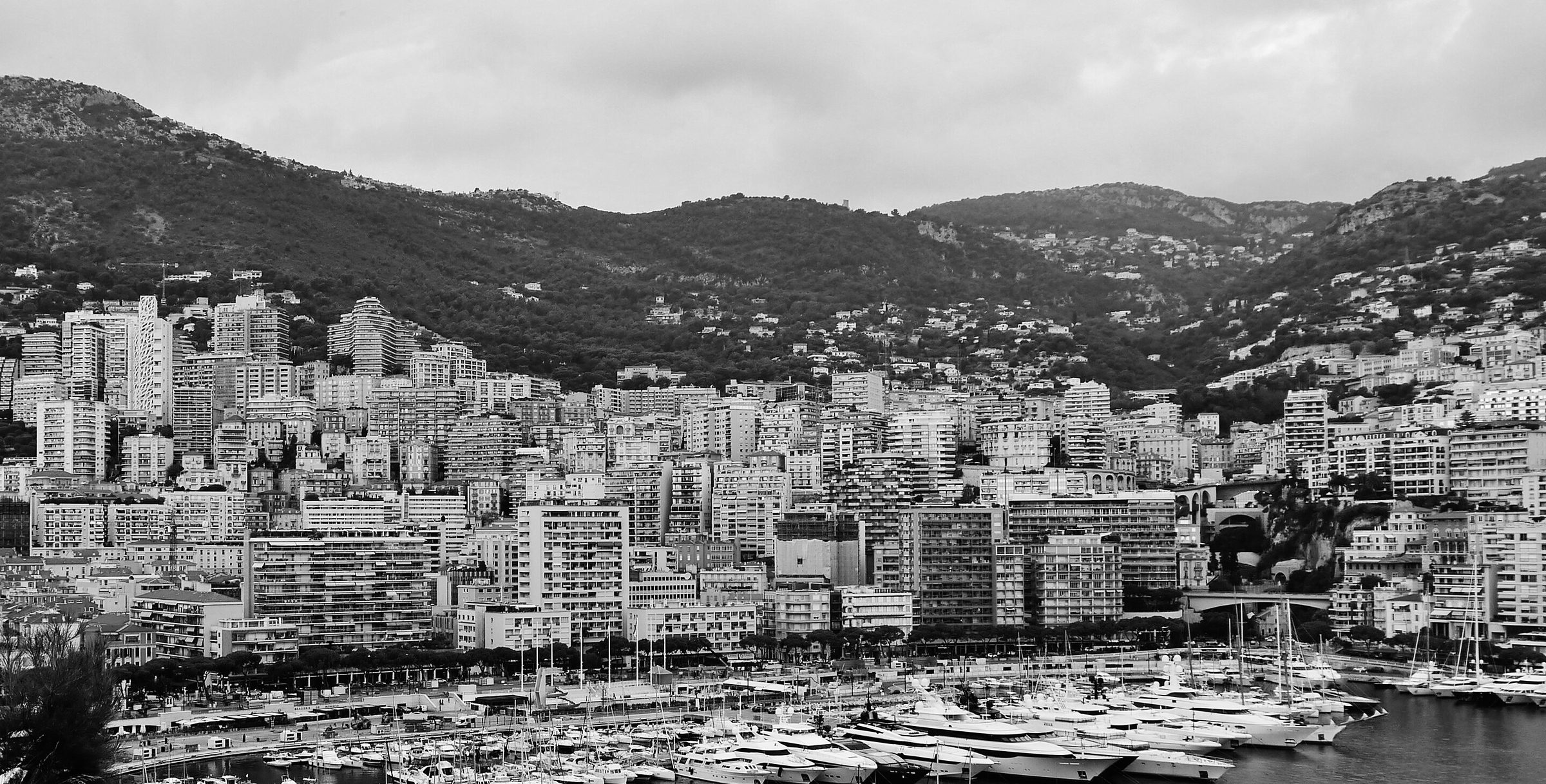 A harbour crowded with yachts beneath dense apartment blocks that climb towards steep wooded hills, under an overcast sky.